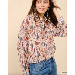 Blue B Painted Desert Western Chiffon Button Up Shirt Small NWT